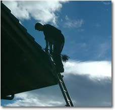 Top Hat Chimney Services sweeper on ladder